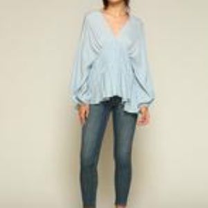 GEMMA -BLUE LG SLEEVE BLOUSE, FLOWY FUN- SMALL